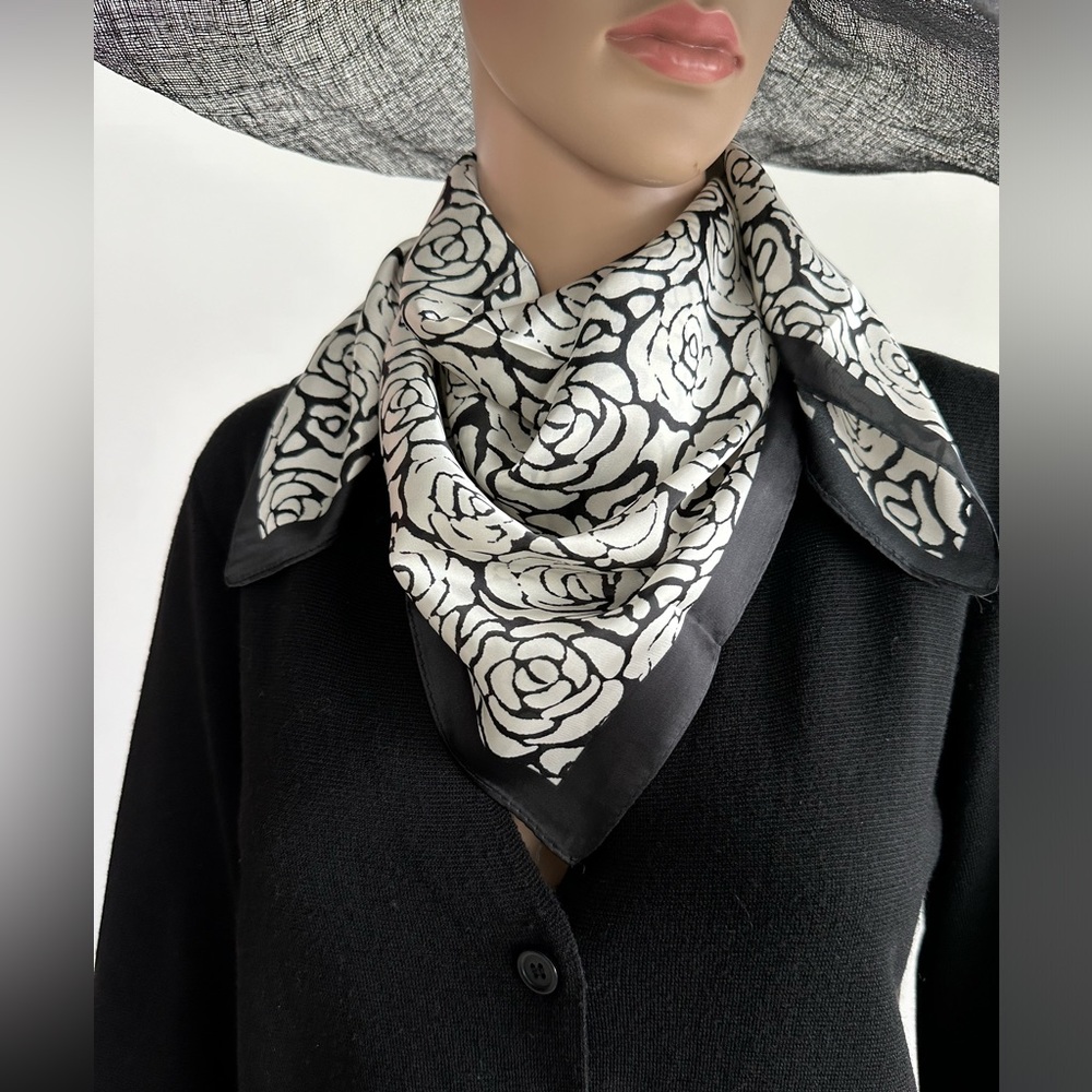 Scarf, Chic Square 26”, French Retro Floral Black/White, Polyester, New!